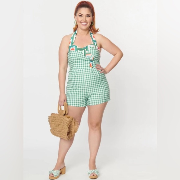 Unique Vintage Green & White Vegetable Gingham Romper, 1x, NWT! - Picture 2 of 15